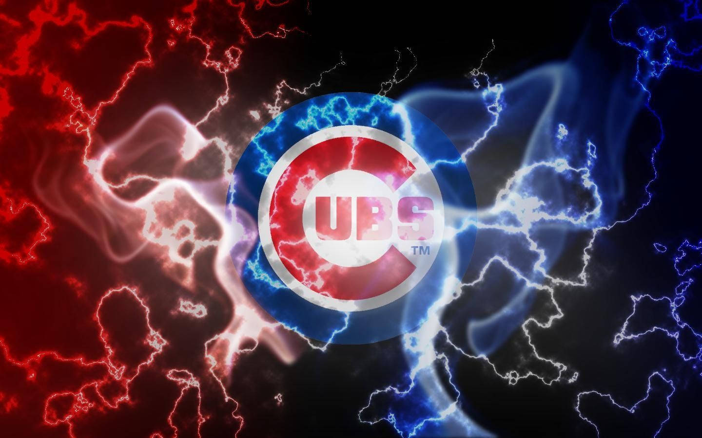 Cubs 桌布 壁紙 — 芝加哥小熊隊標誌在深色背景上散發出紅色和藍色的閃電。