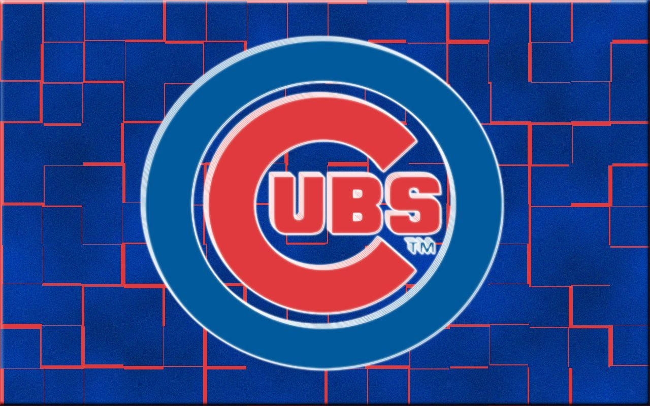 Cubs 桌布 壁紙 — 芝加哥小熊隊標誌居中在藍色背景上，帶有紅色幾何網格圖案。