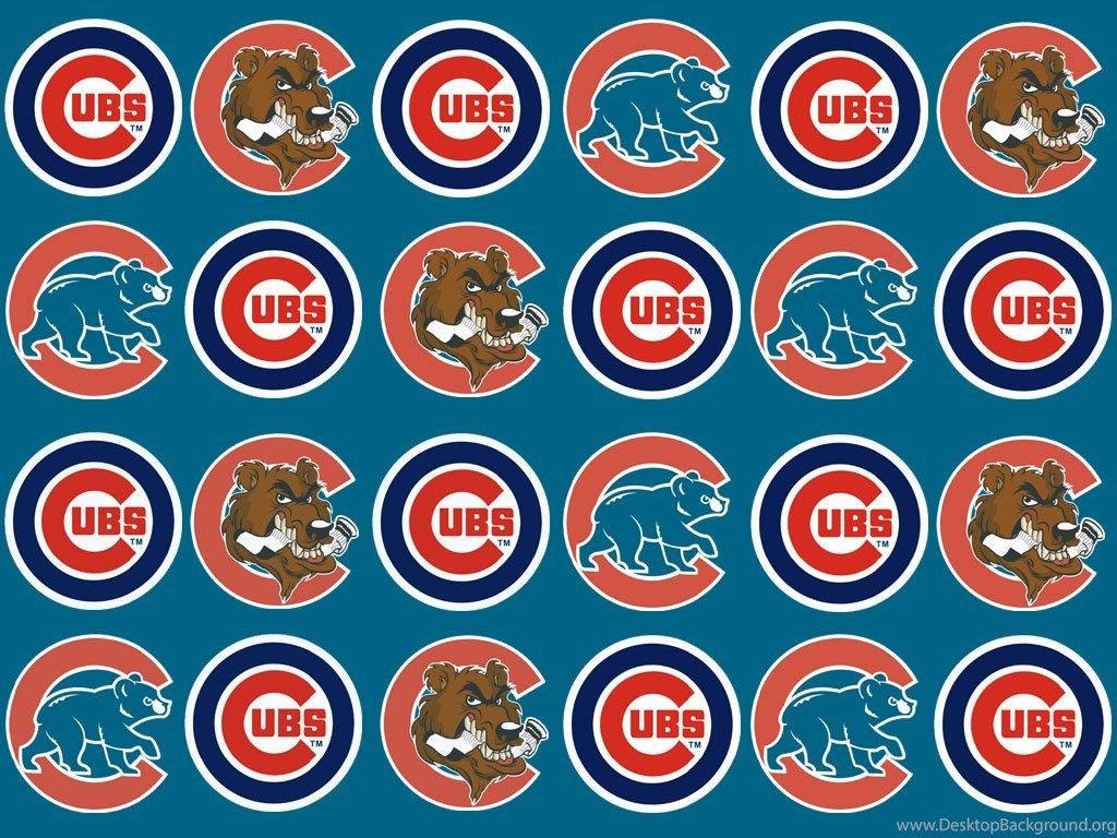 Cubs 桌布 壁紙 — 芝加哥小熊隊標誌的重複圖案，以棕色熊和藍色熊吉祥物為特色，採用紅白藍圓形設計，背景為青綠色。