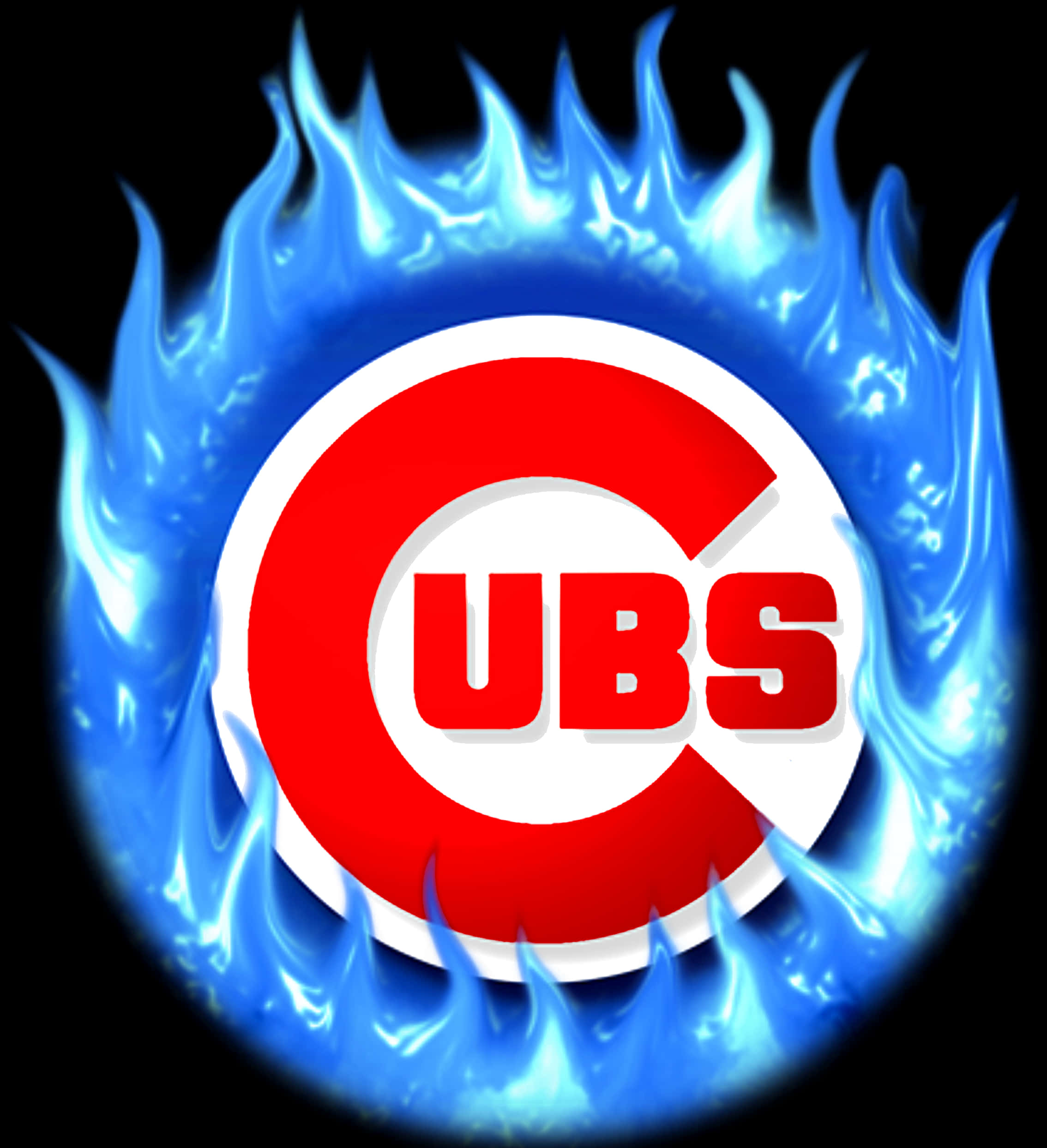 Chicago Cubs Logo 桌布 壁紙 — 芝加哥小熊隊標誌被鮮藍色火焰包圍，背景為黑色。