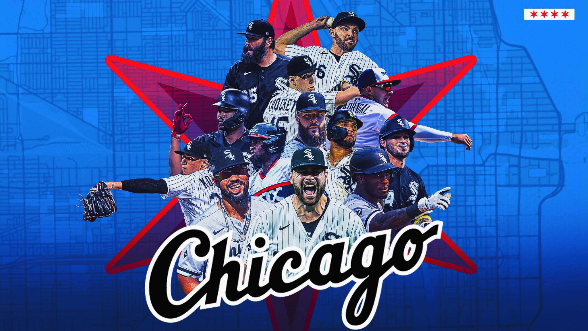 Chicago White Sox 桌布 壁紙 — 芝加哥棒球運動員身穿細條紋制服，在藍色城市地圖背景上圍繞一顆紅星動態擺姿勢。