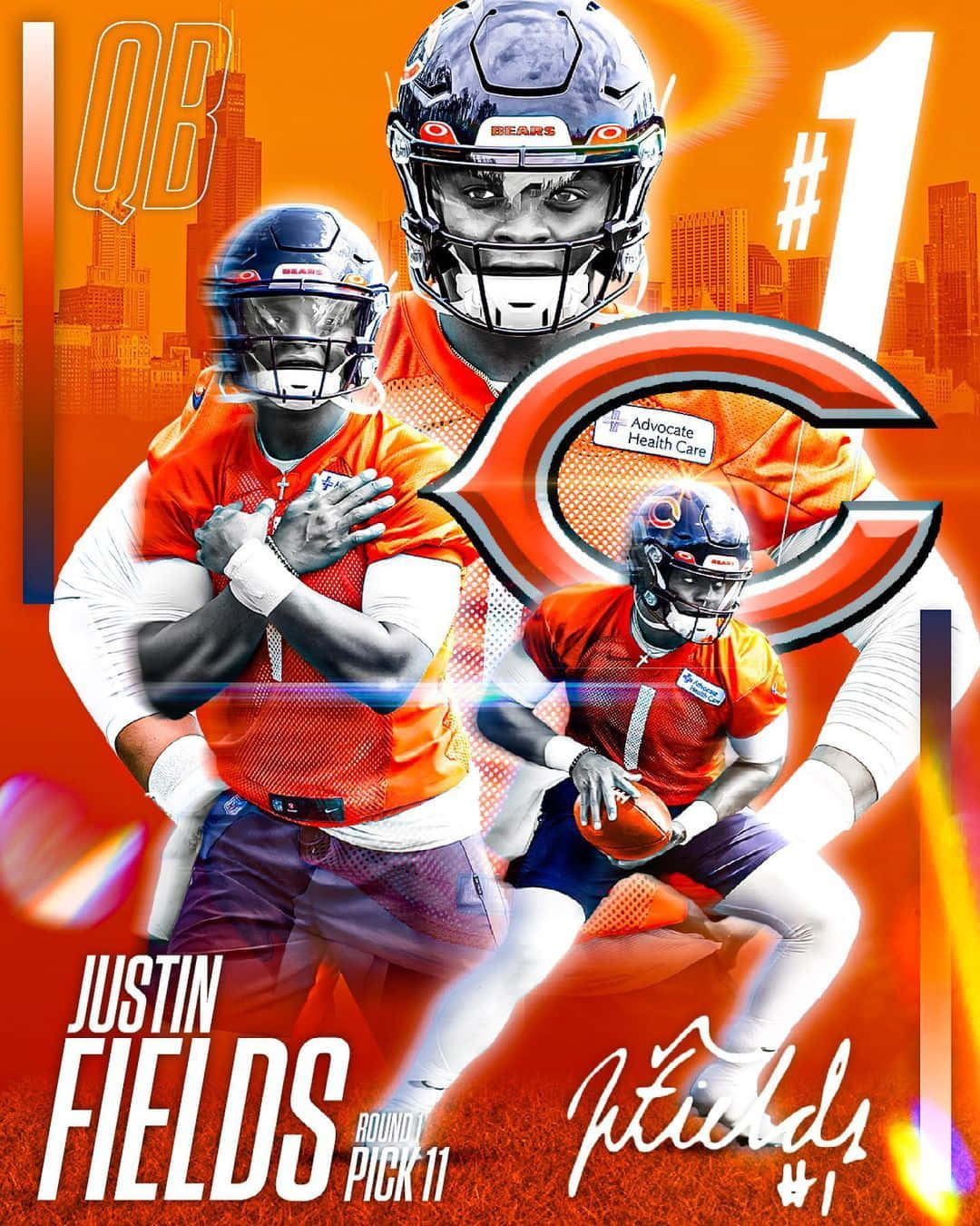 Justin Fields 桌布 壁紙 — 芝加哥熊隊四分衛Justin Fields穿著橙色裝備，以火熱的城市景觀為背景的動態拼貼畫。