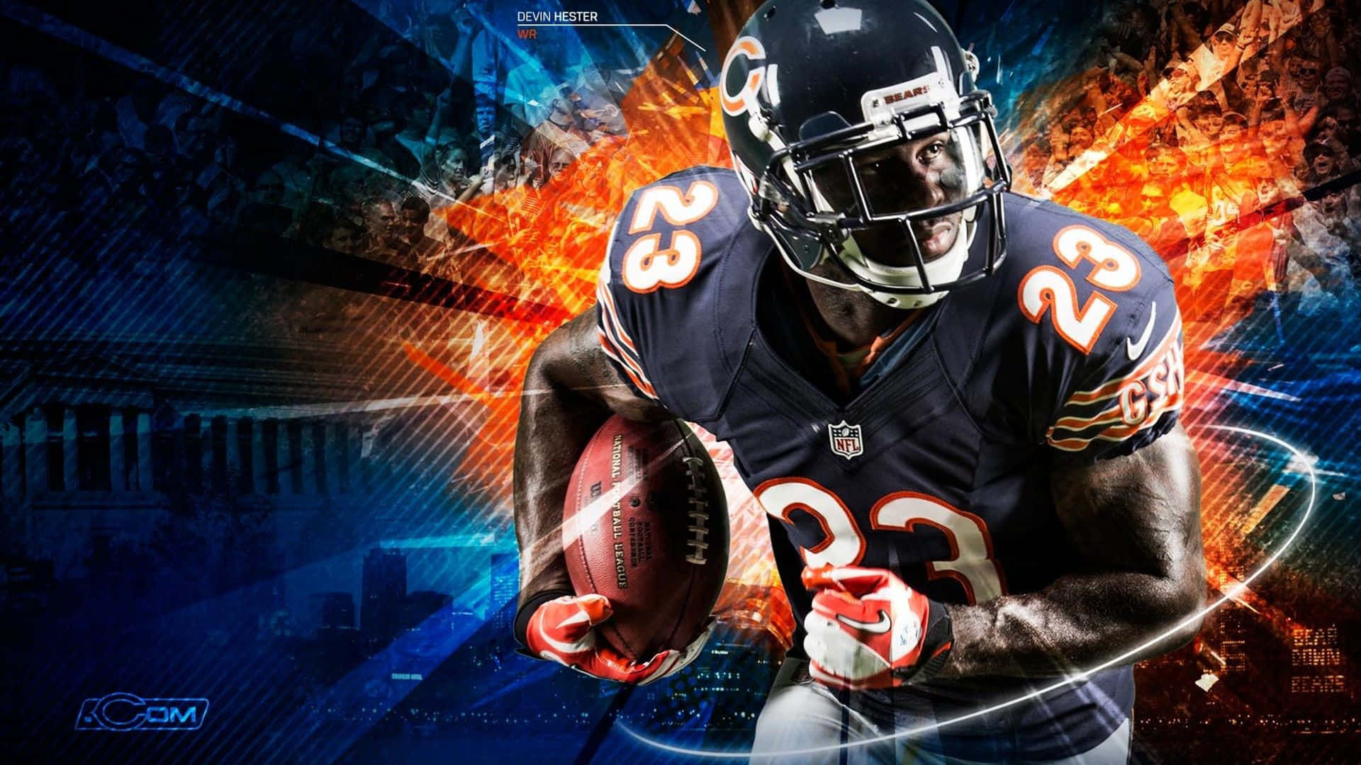桌布 壁紙 — 芝加哥熊隊美式足球員 Devin Hester 身穿球衣，在火焰抽象背景前持球奔跑。