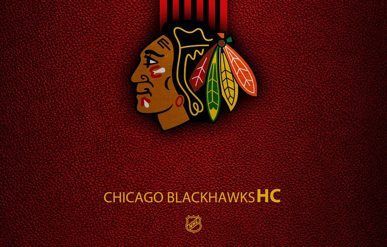 Blackhawks 桌布 壁紙 — 芝加哥黑鷹隊標誌，紅色皮革紋理背景，金色隊名文字。
