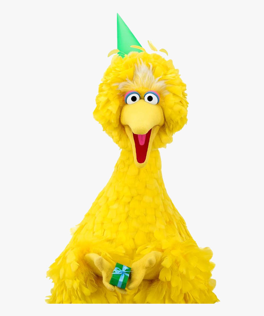 Big Bird 桌布 壁紙 — 芝麻街的 Big Bird 戴著綠色派對帽，手持一個小包裝禮物，表情喜悅。