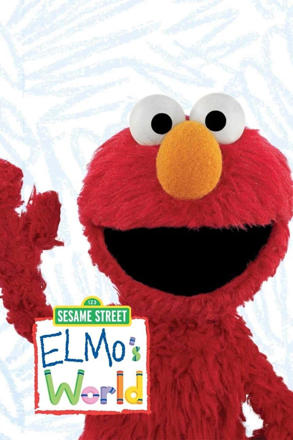 Elmo 桌布 壁紙 — 芝麻街的艾摩在淺藍色塗鴉背景前愉快地揮手，下方有他的節目標誌。