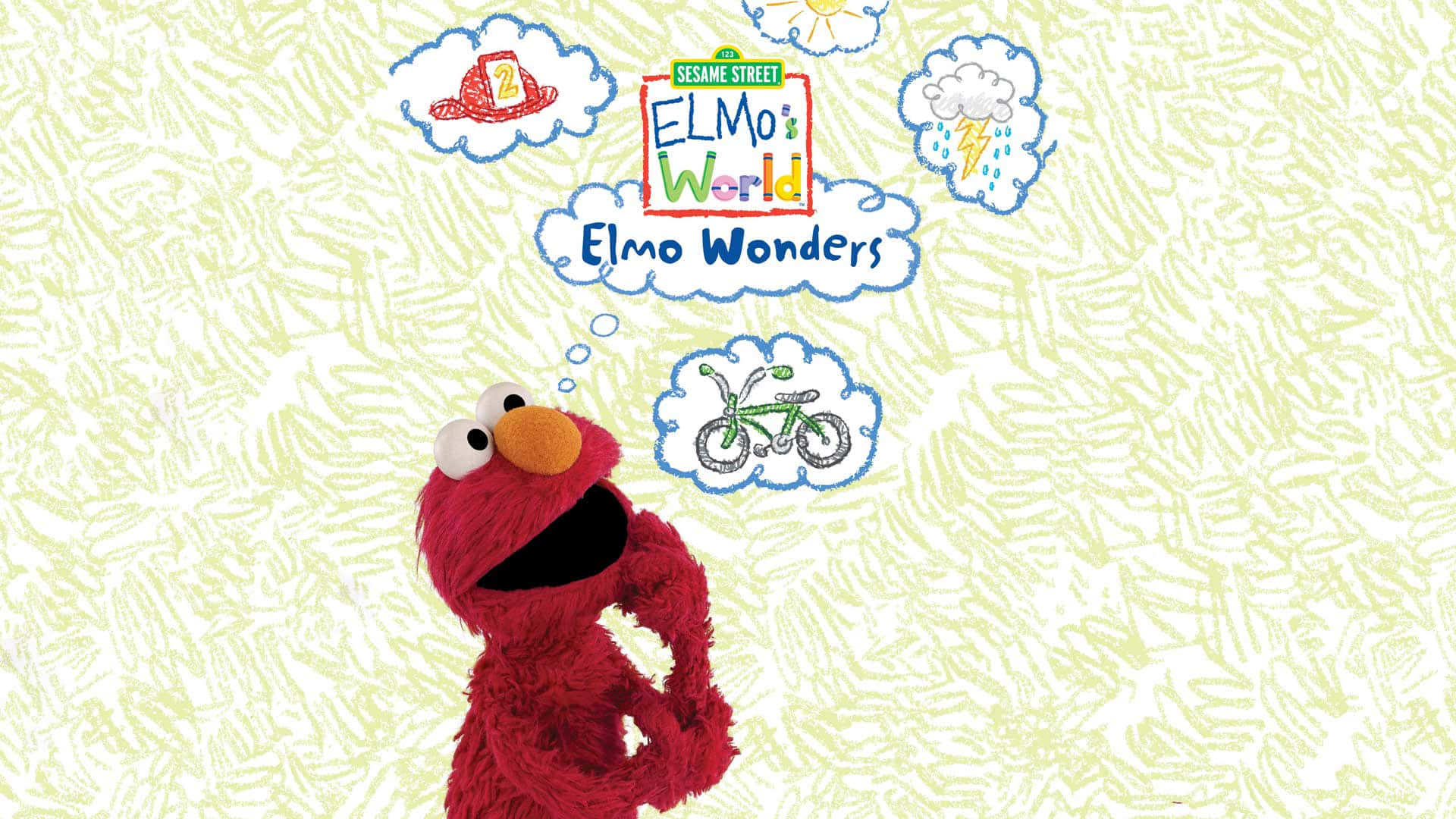 Elmo 桌布 壁紙 — 芝麻街的艾蒙在塗鴉黃色背景上的思考泡泡中對帽子、腳踏車和風暴感到好奇。