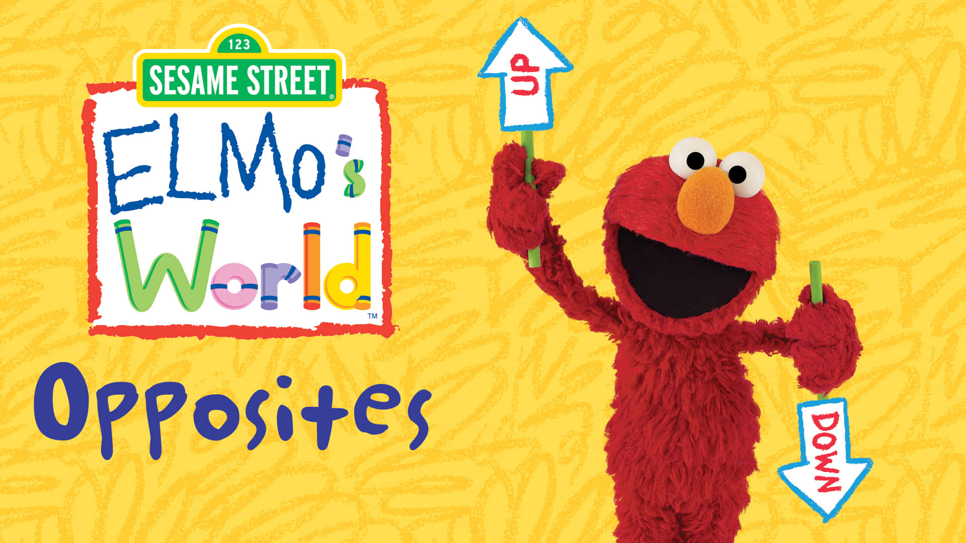 Elmo 桌布 壁紙 — 芝麻街的艾蒙在明亮的黃色紋理背景上舉著標有上和下的箭頭，背景上有節目名稱。