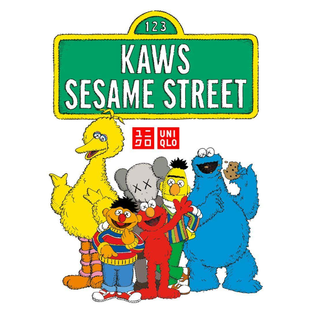 Kaws Sesame Street 桌布 壁紙 — 芝麻街角色以KAWS塗鴉風格及Uniqlo標誌，置於綠色路牌下。