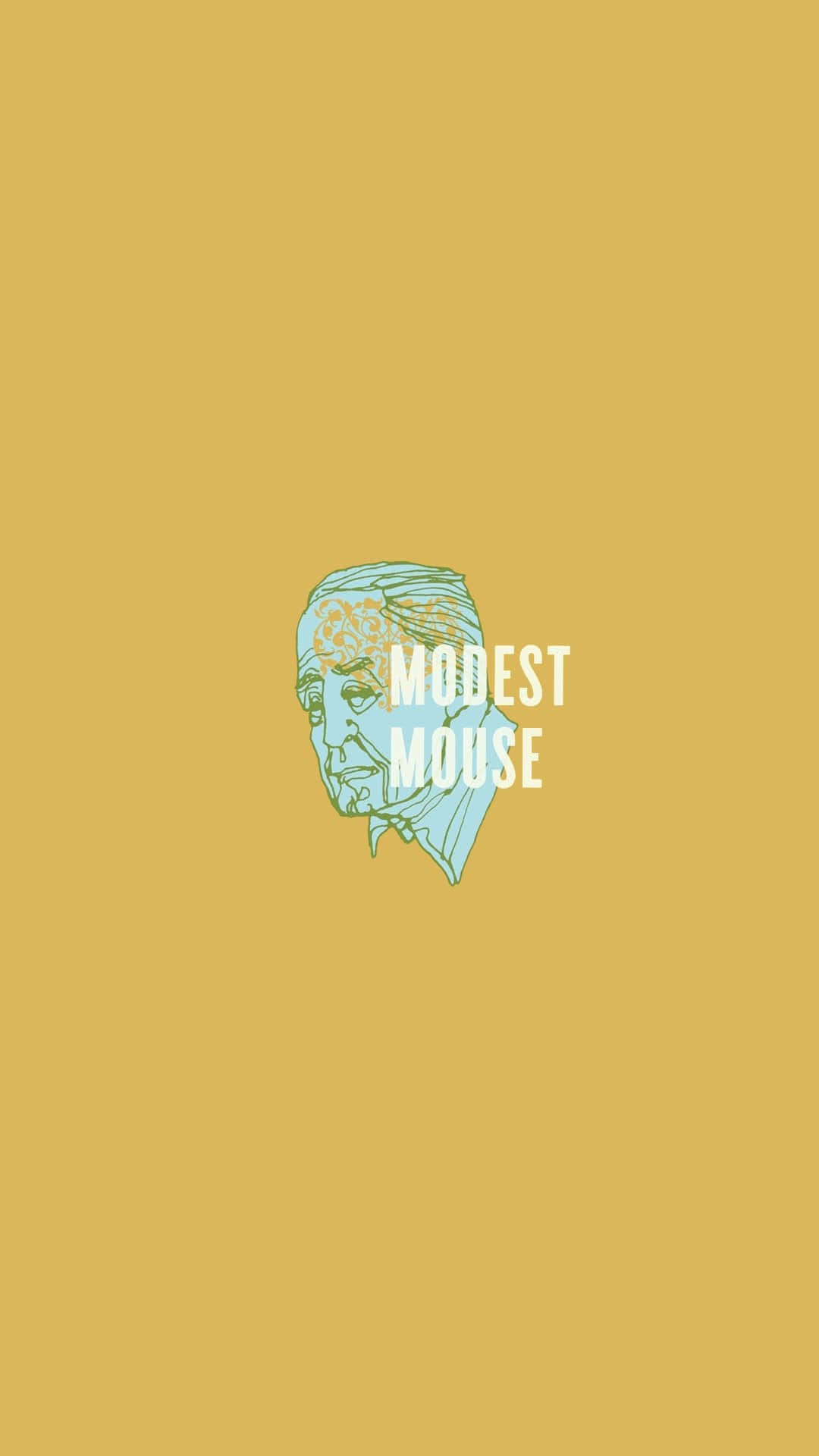 Mouse 桌布 壁紙 — 芥末黃背景上，一個男人頭部與大腦圖案被文字「MODEST MOUSE」覆蓋的極簡插圖。