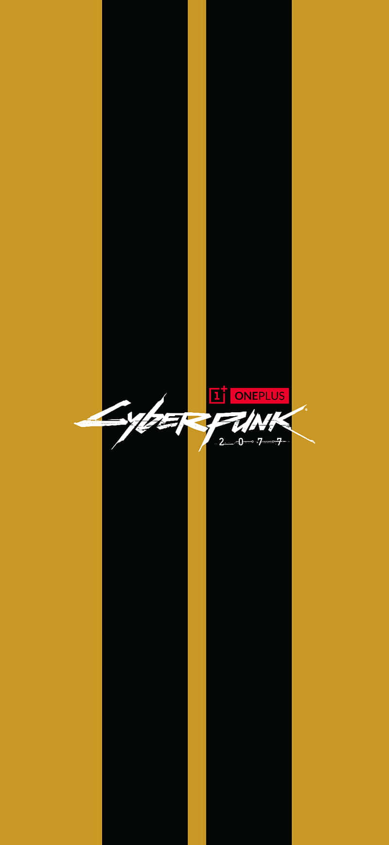 電馭叛客2077 桌布 壁紙 — 芥末黃背景上大膽的黑色條紋，中央放置 Cyberpunk 2077 和 OnePlus 標誌。