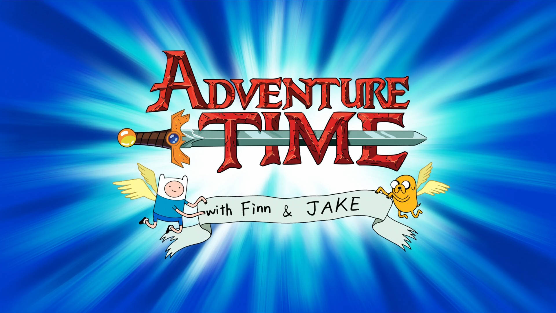 adventure 桌布 壁紙 — 芬恩和傑克在劍旁邊飛翔，穿過探險活寶標題後方耀眼的藍色爆發。
