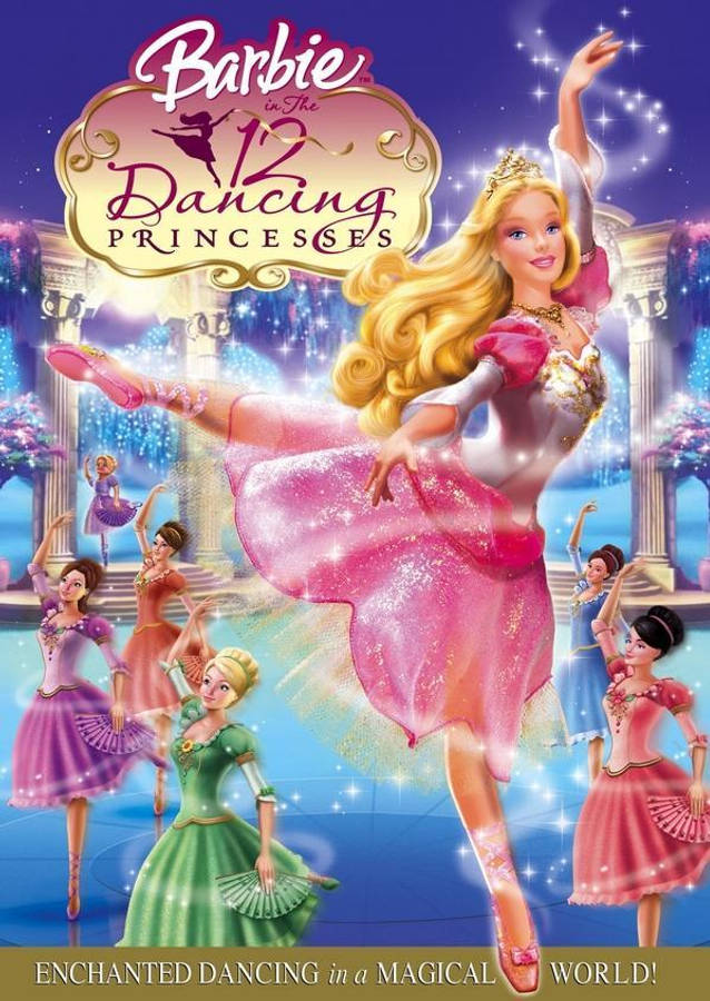 Princess 桌布 壁紙 — 芭比和十二位公主在星光閃爍的魔法天空下，穿著閃閃發光的粉紅色和粉彩禮服跳舞。
