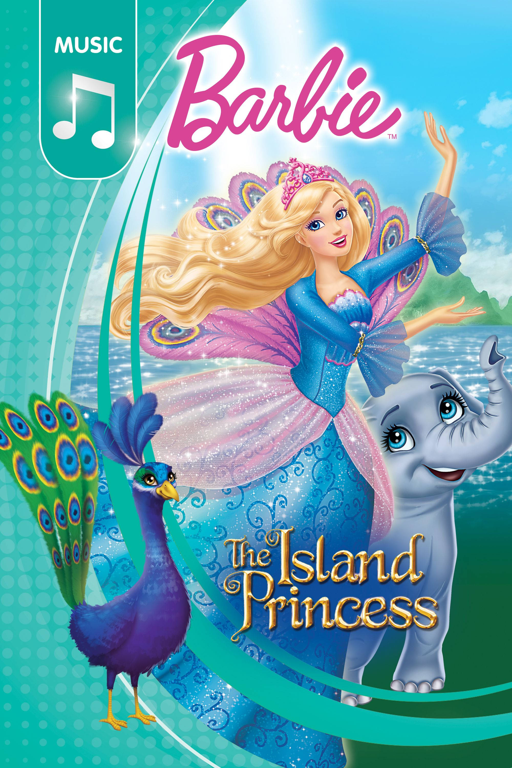 Princess 桌布 壁紙 — 芭比在充滿活力的魔法島嶼場景中化身為童話公主，與孔雀和大象相伴。