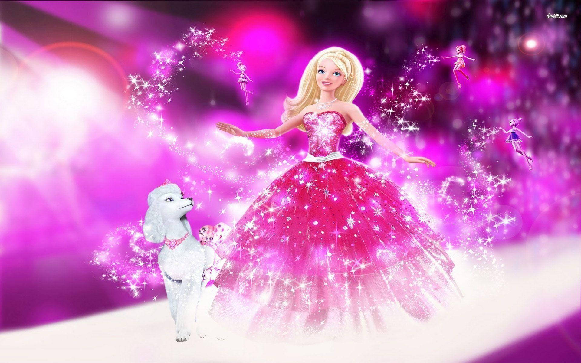 Doll 桌布 壁紙 — 芭比穿著閃閃發光的粉紅色禮服，與她的白色小狗站在充滿魔法閃爍和飄浮仙女的鮮豔紫色背景前。