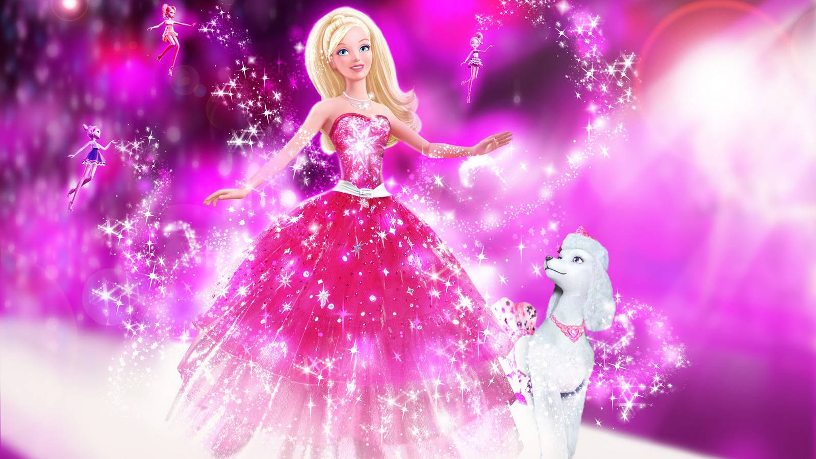 Princess 桌布 壁紙 — 芭比穿著閃閃發光的粉紅色長袍，與一隻白色的狗站在一起，仙女們在神奇的紫色星光中飛舞。