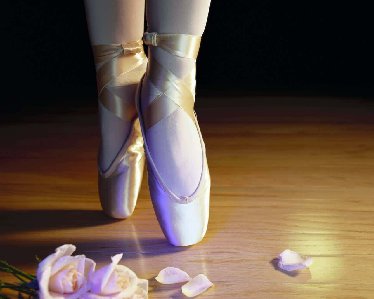 Ballet 桌布 壁紙 — 芭蕾舞者的白色足尖鞋雙腳優雅地站在木地板上，散落的玫瑰花瓣在溫暖燈光下閃耀。