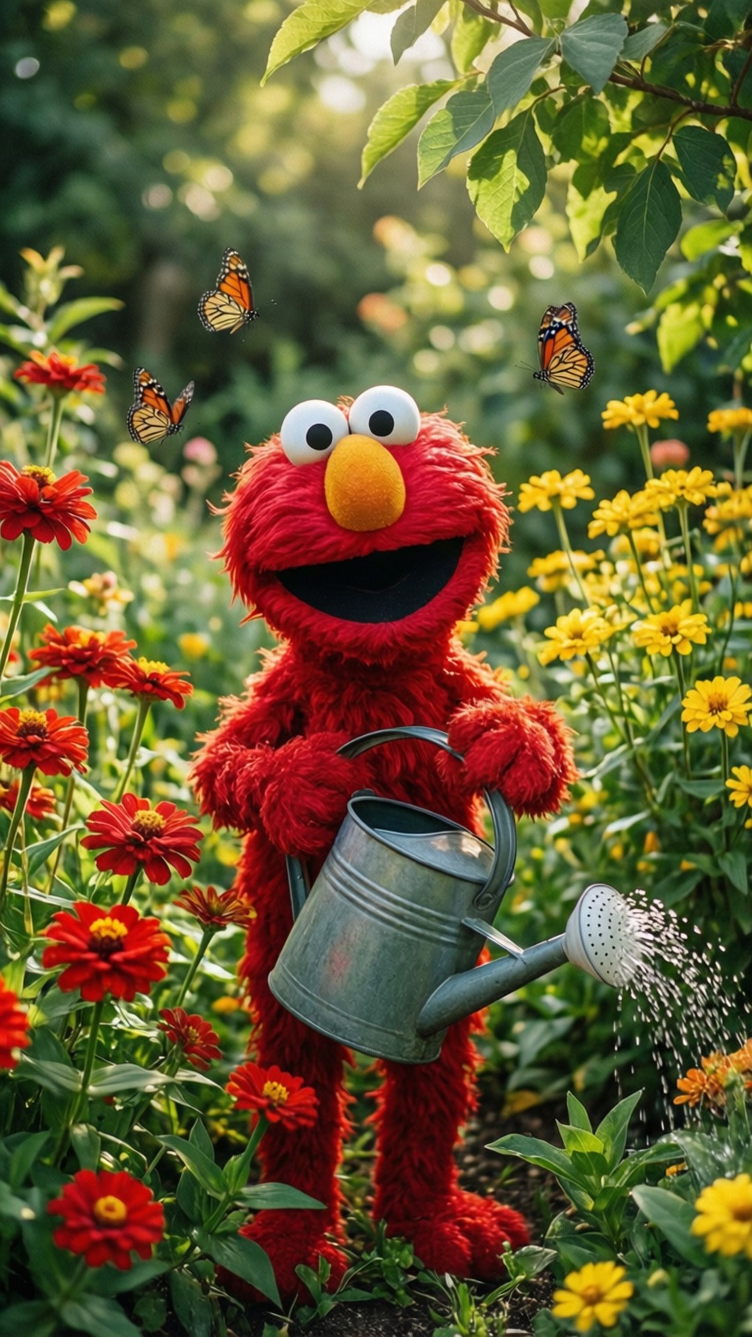 花園中的Elmo 壁紙 — Elmo 在陽光明媚的花園裡為色彩繽紛的花朵澆水，帝王斑蝶在他周圍飛舞。