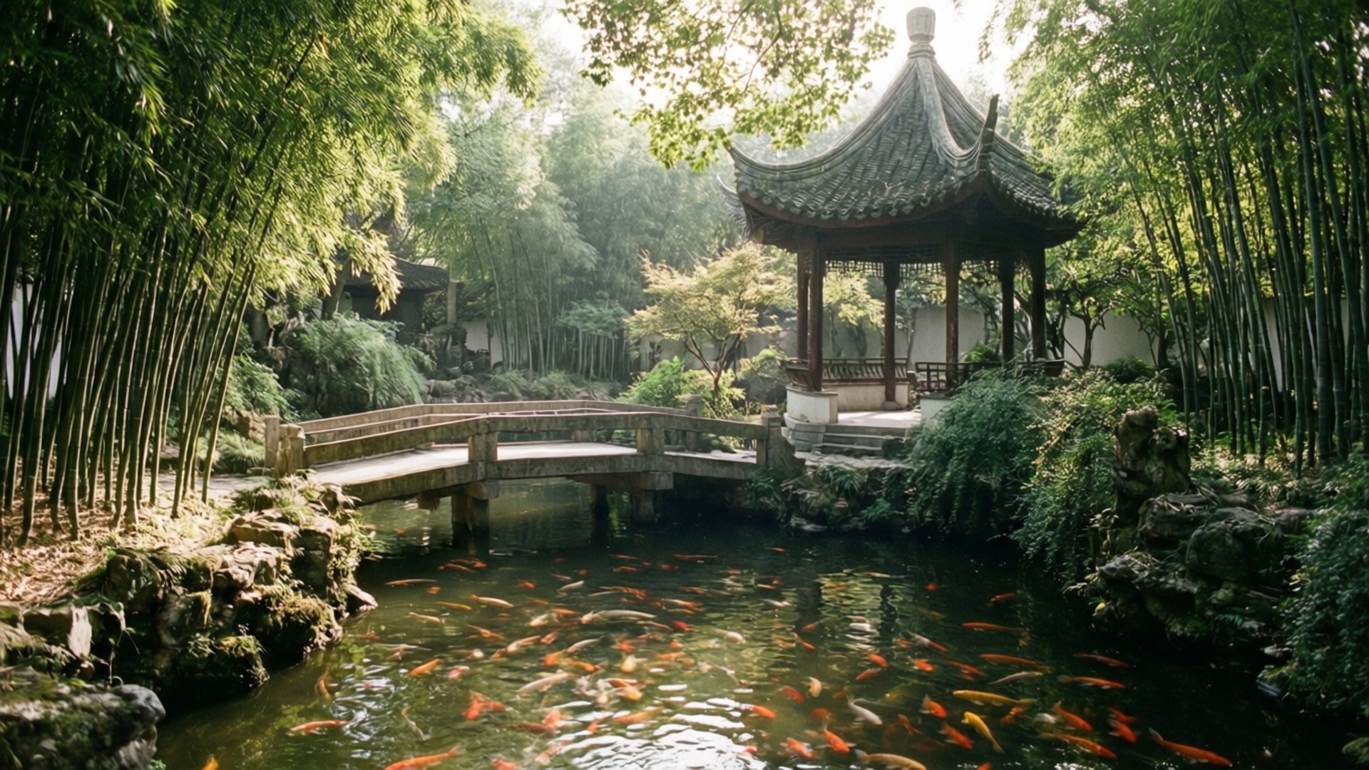 花園橋樑靜謐 壁紙