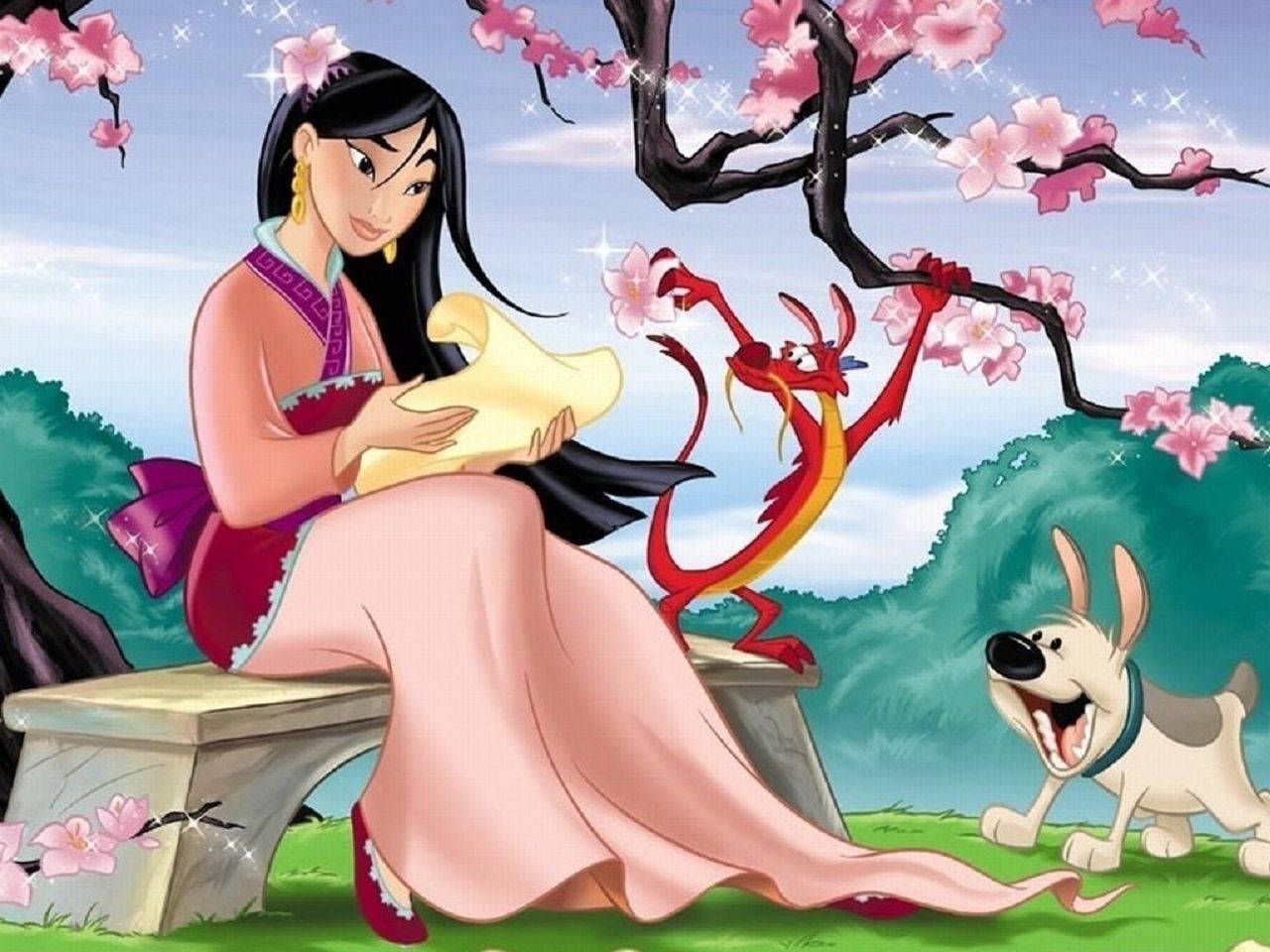 Princess 桌布 壁紙 — 花木蘭坐在盛開的櫻花樹下的石凳上，她的龍夥伴和一隻頑皮的狗在附近。