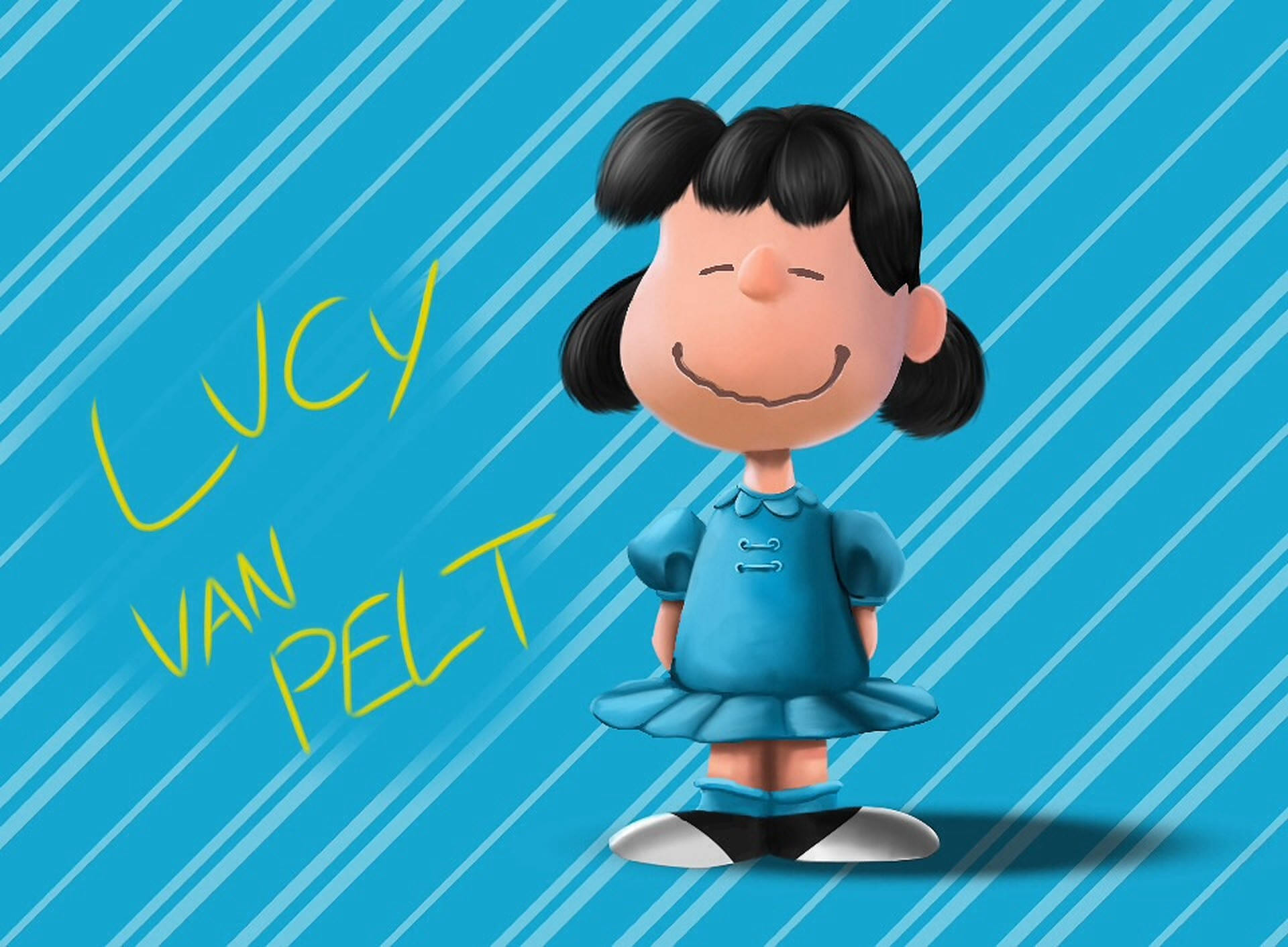 lucy 桌布 壁紙 — 《花生漫畫》中的露西·范佩爾特穿著藍色連衣裙，在充滿活力的藍色對角線條紋背景前微笑站立。