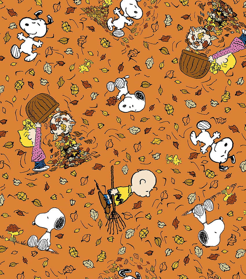 Snoopy Thanksgiving 桌布 壁紙 — 花生漫畫角色在溫暖的橙色背景前，愉快地耙起並拋擲秋天的落葉。