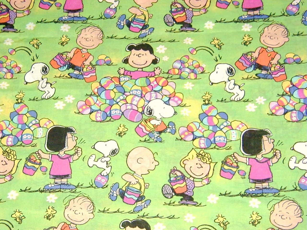 花生漫畫角色在草地上收集復活蛋，草地上有花朵。 — 史努比 壁紙