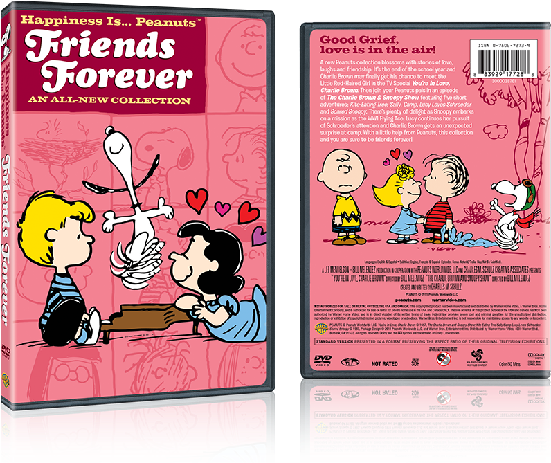 Dvd 桌布 壁紙 — 花生漫畫角色查理布朗和露西在粉紅色背景上漂浮的心形中分享溫馨時刻，史努比在他們之間飛翔。