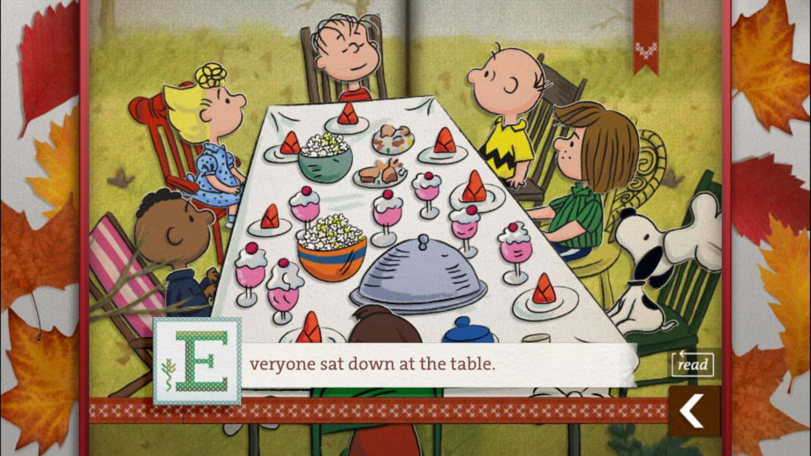 Charlie Brown Thanksgiving 桌布 壁紙 — 花生漫畫角色聚集在一個擺滿甜點的節日秋季餐桌旁，秋葉框住了場景。