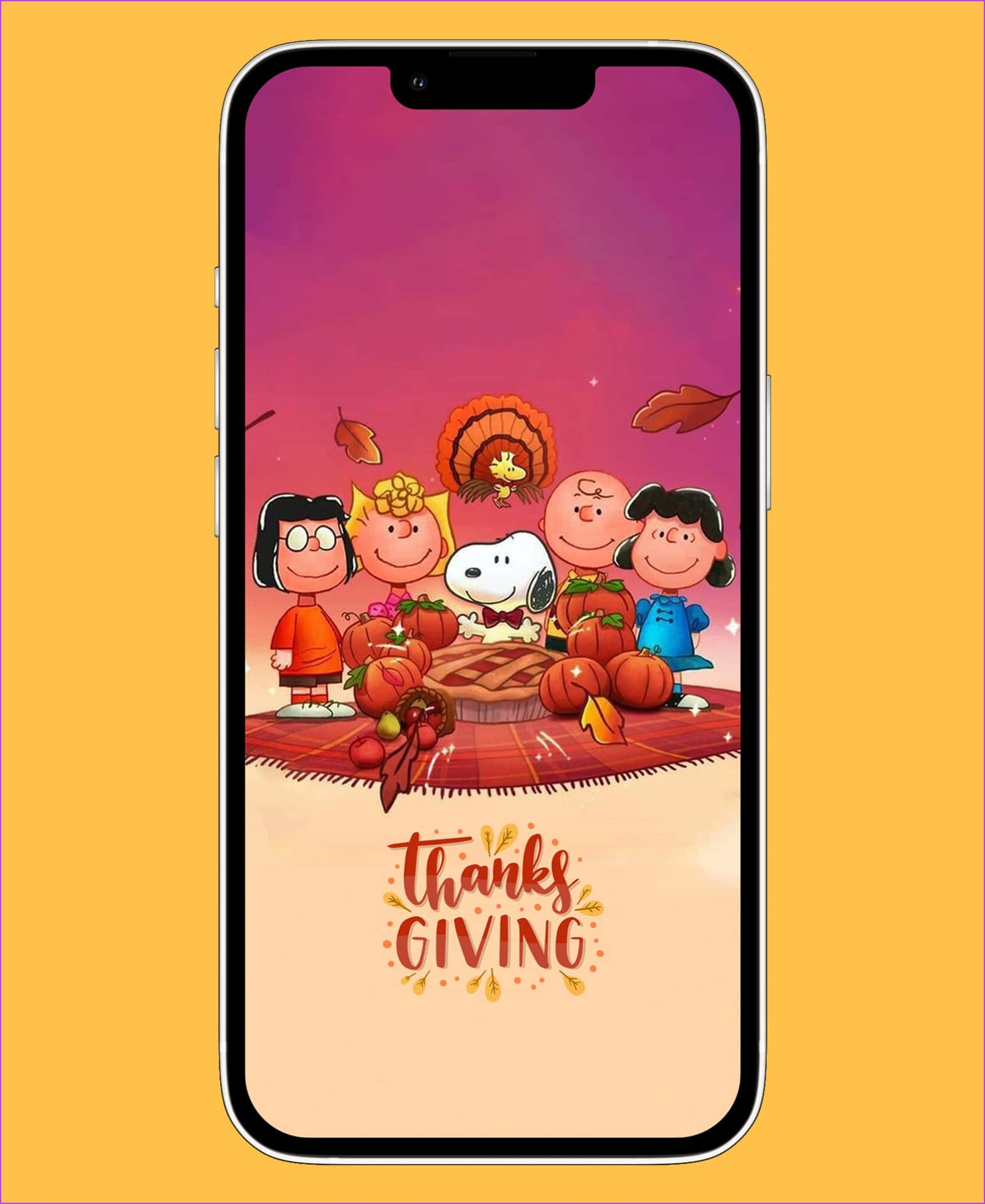 Charlie Brown Thanksgiving 桌布 壁紙 — 花生漫畫角色聚集在紫色天空下，落葉飄揚，圍繞感恩節盛宴。