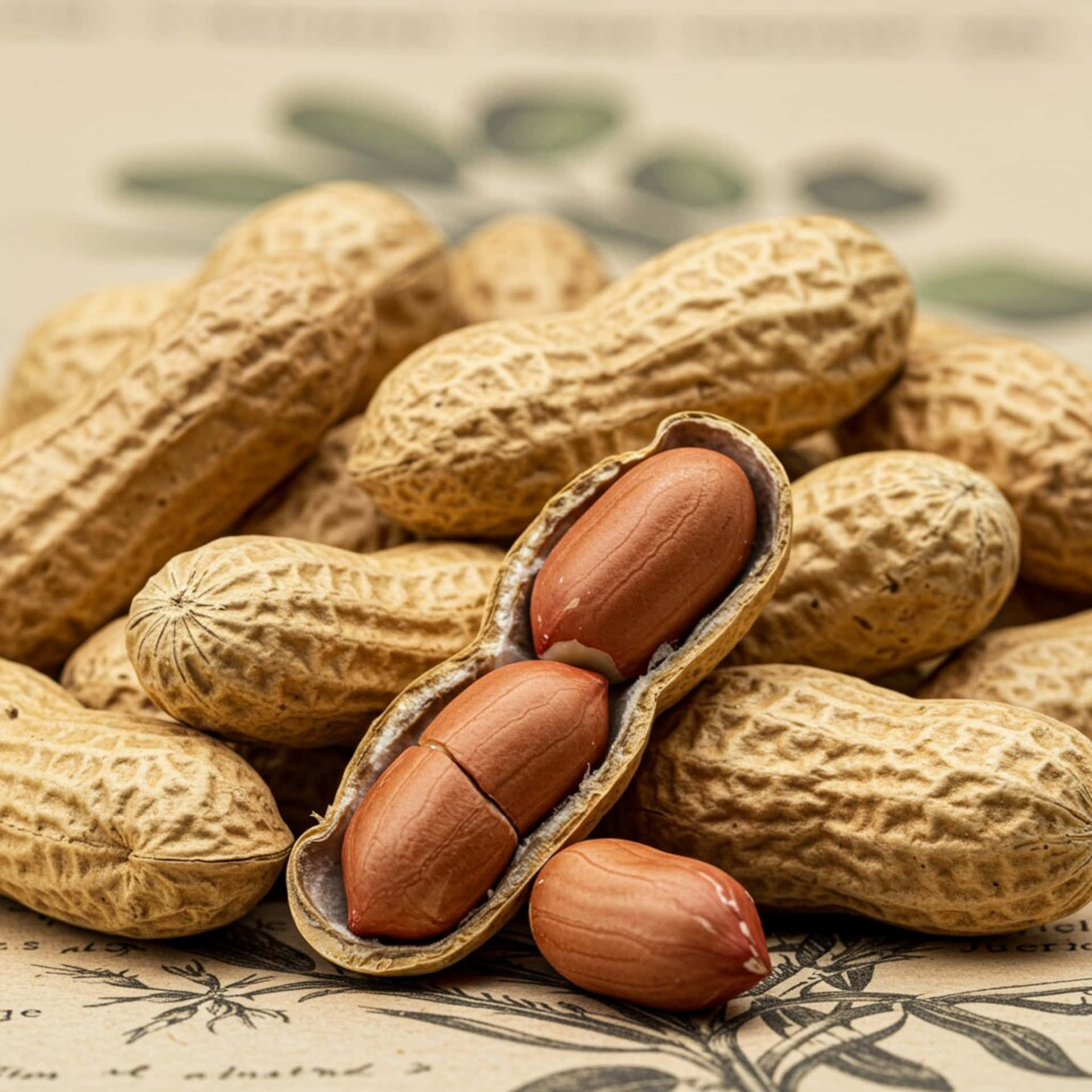 Peanuts 壁紙 — 花生連殼的特寫，其中一個裂開，露出兩顆紅褐色堅果，放在復古植物學紙上。