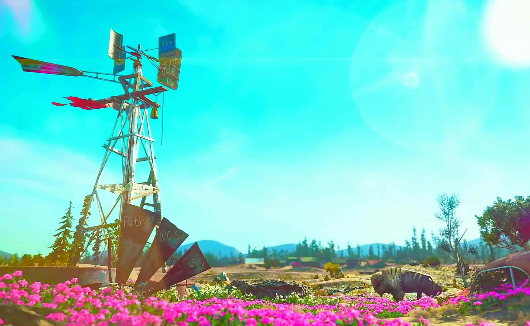 花田中央的風車 壁紙