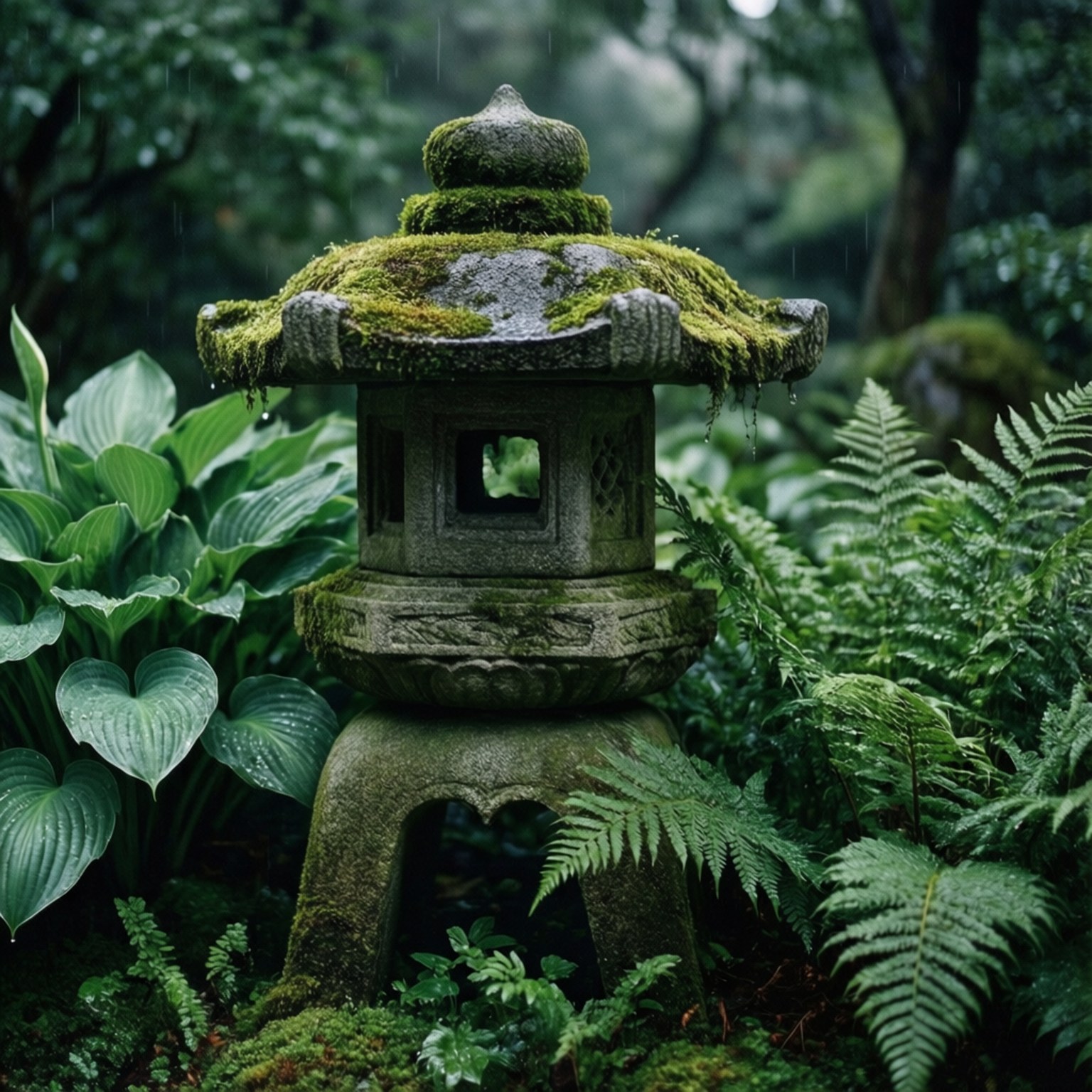 一座長滿苔蘚的石燈籠，矗立在被雨水浸濕的日本庭園中。