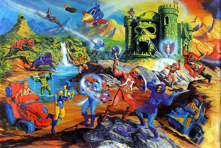 He-Man 與盟友在色彩繽紛的奇幻景觀中與 Skeletor 及其勢力作戰。 — 漫畫動圖 壁紙