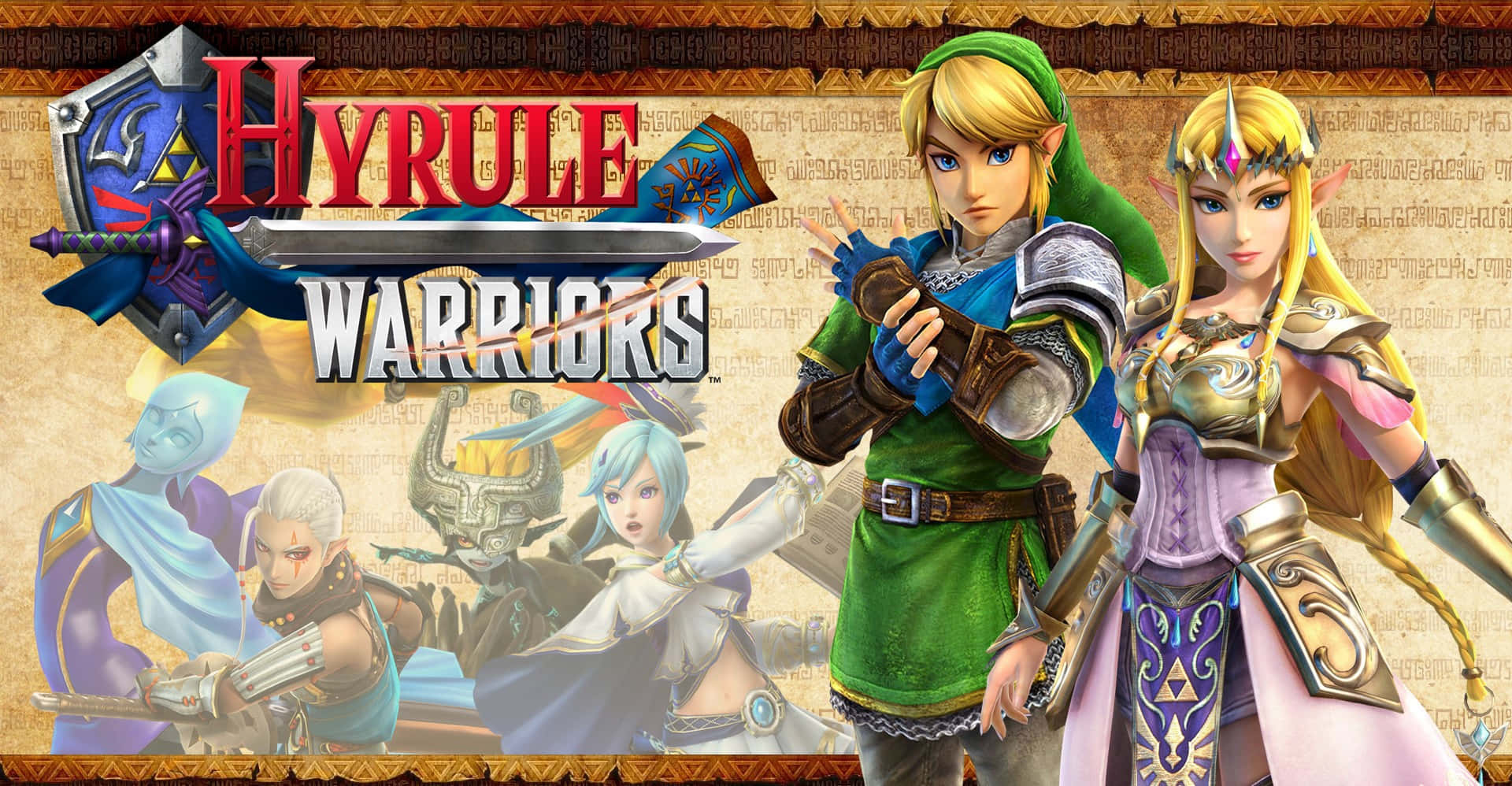 The Legend Of Zelda Hyrule 桌布 壁紙 — 英勇的奇幻戰士林克和薩爾達手持劍與盾，在帶有《Hyrule Warriors》標誌及其他角色的羊皮紙背景前準備就緒。