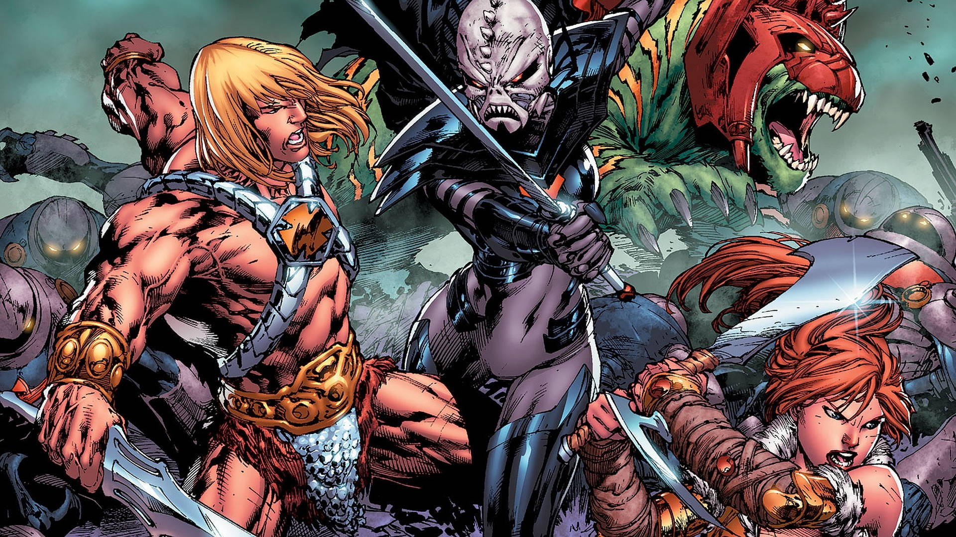 he man 桌布 壁紙 — 英勇的戰士在充滿活力的漫畫戰鬥場景中激烈碰撞，色彩鮮豔，表情強烈。