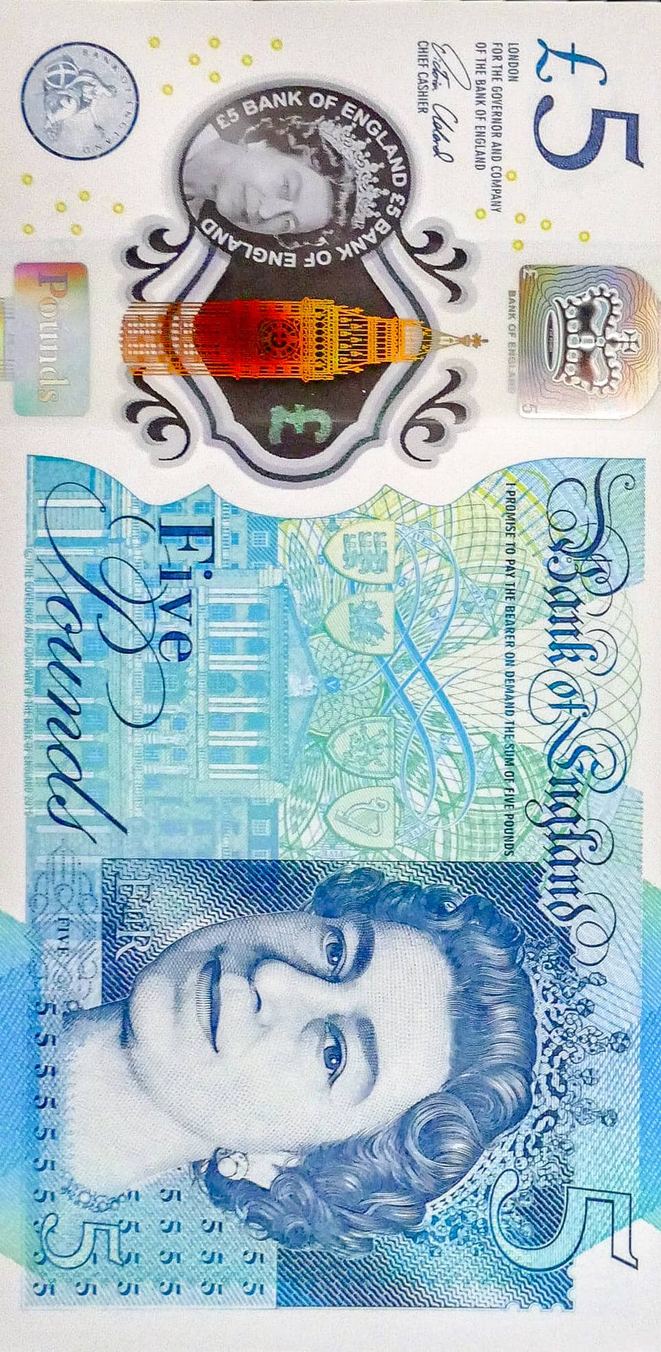 money iPhone 桌布 壁紙 — 英國五英鎊鈔票的特寫，上面有伊麗莎白二世女王和塔橋的精緻設計。