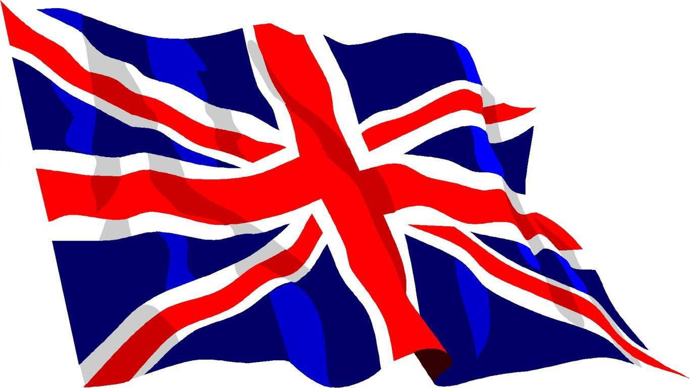 United Kingdom Flag 桌布 壁紙 — 英國國旗在純白背景上動態飄揚，帶有鮮明的紅、白和深藍色。
