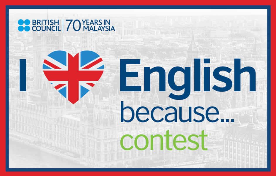 English 桌布 壁紙 — 英國文化協會英語比賽的宣傳圖，在褪色的倫敦天際線上有一個心形的英國國旗。