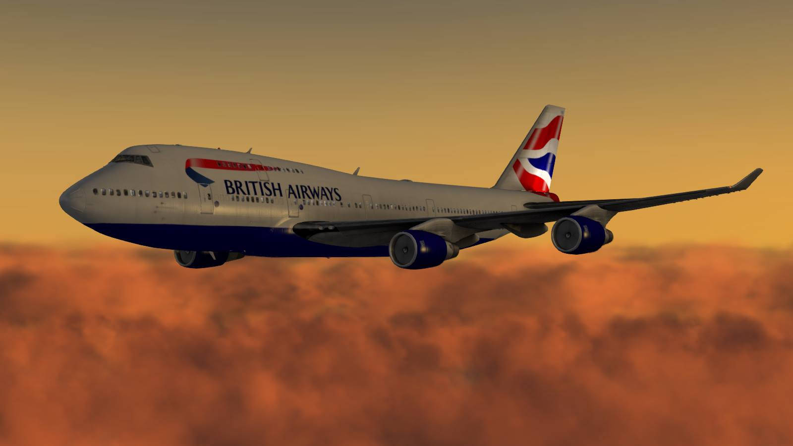 飛機 桌布 壁紙 — 英國航空的波音747在戲劇性的日落中翱翔於熾熱的橙色雲層之上。