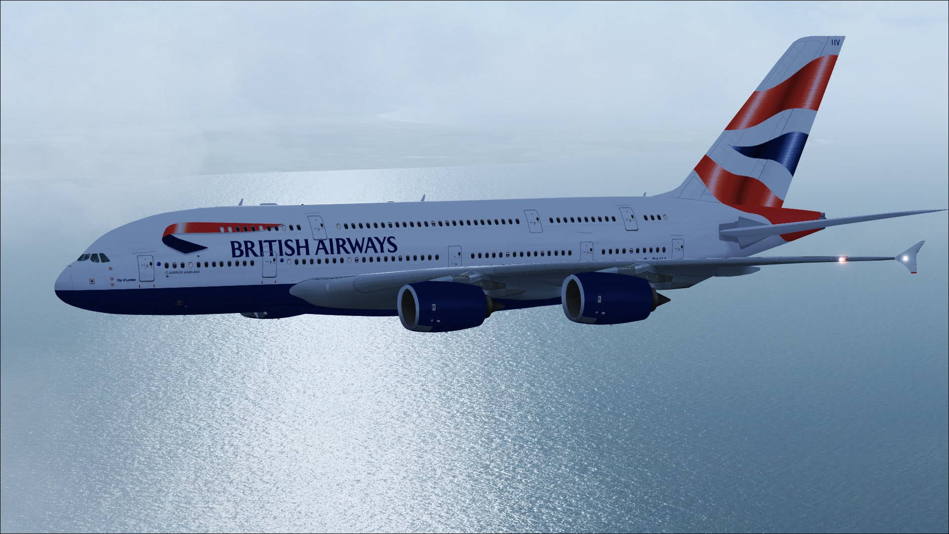 Plane 桌布 壁紙 — 英國航空的空中巴士A380在陰天之下，優雅地翱翔於平靜的海洋之上。