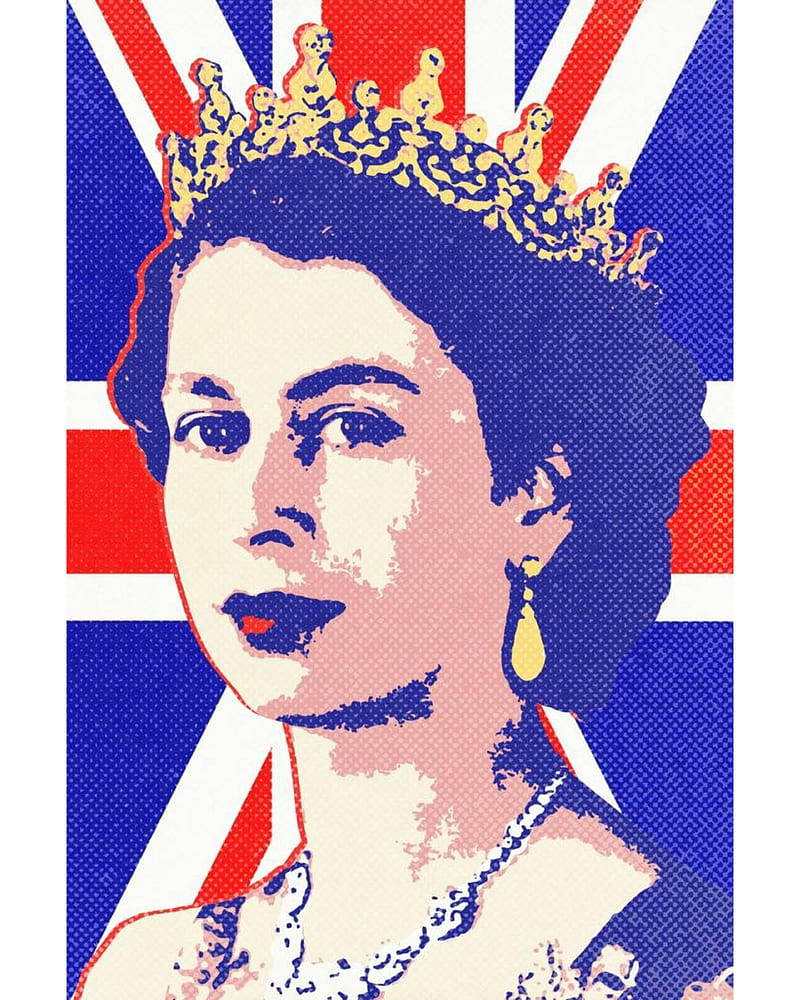 Queen Elizabeth 桌布 壁紙 — 英女王伊莉莎白二世的普普藝術肖像，戴著王冠和耳環，背景為英國國旗，帶有半色調點。