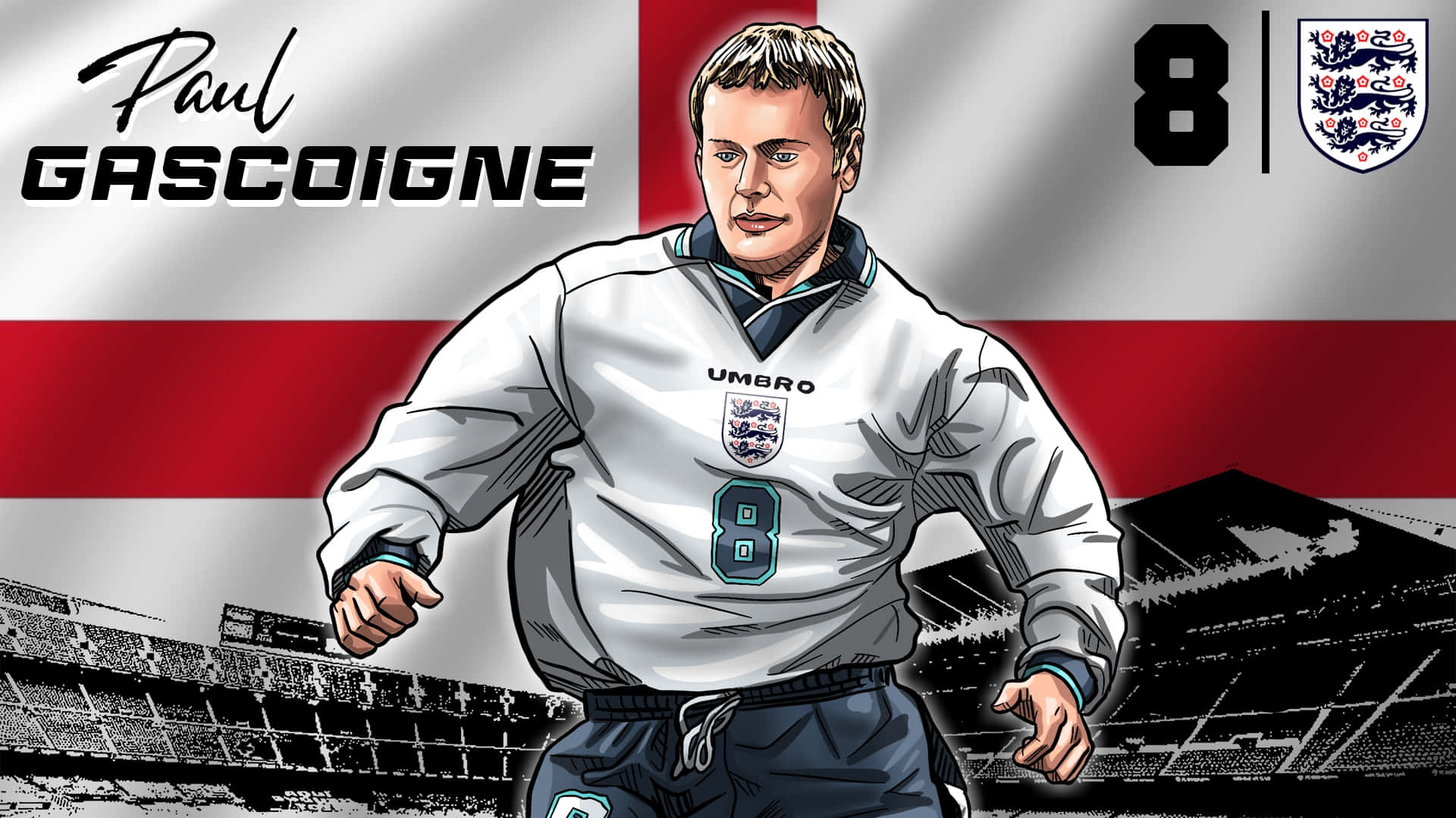 Football Players 桌布 壁紙 — 英格蘭8號球衣保羅·加斯科因的插圖肖像，背景為球場及旗幟條紋。