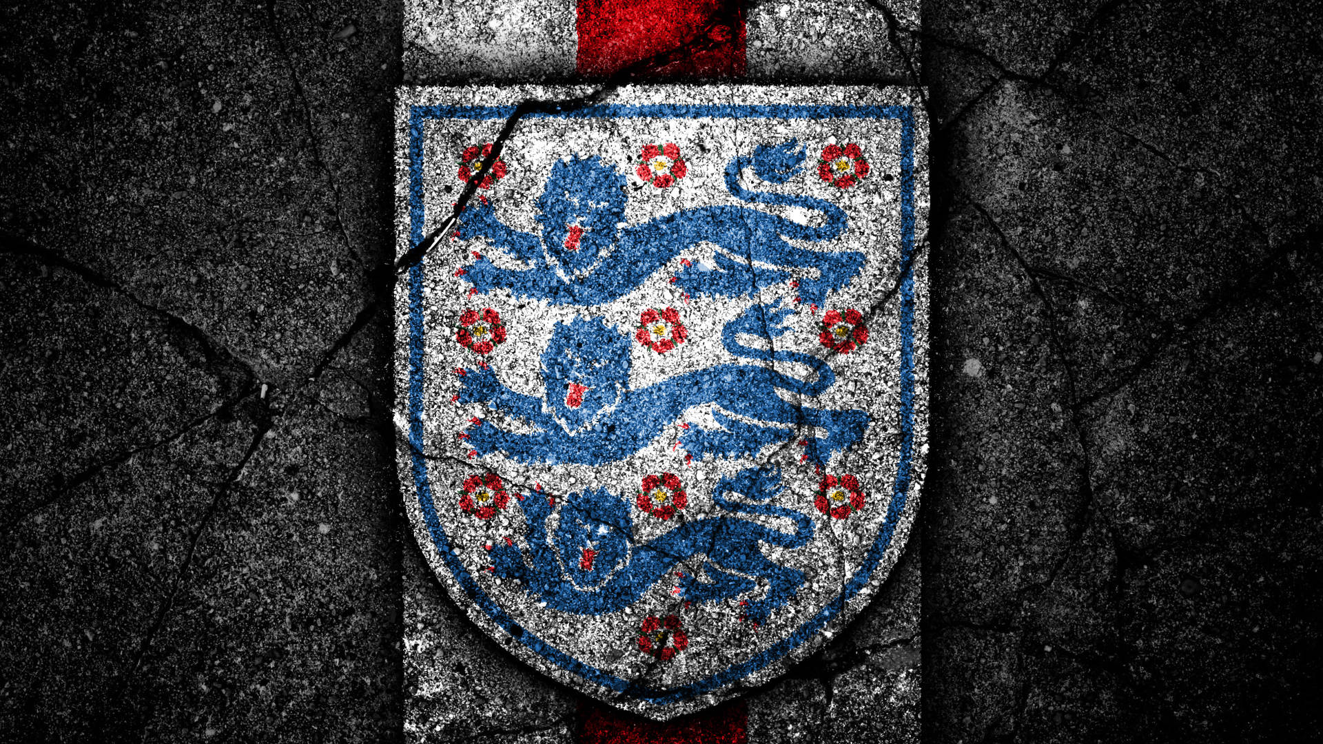 England 桌布 壁紙 — 英格蘭三獅徽章以紅、白、藍色繪於裂開的混凝土上。