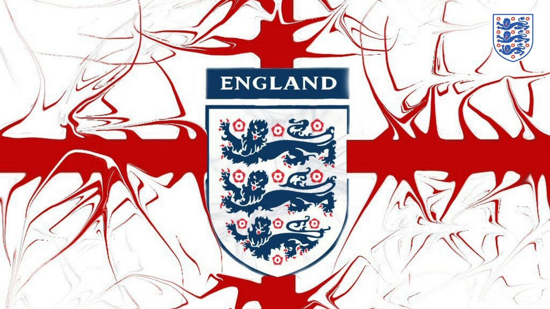 England Football 桌布 壁紙 — 英格蘭國家足球隊徽章居中於風格化的紅色十字背景上，帶有抽象白色漩渦。
