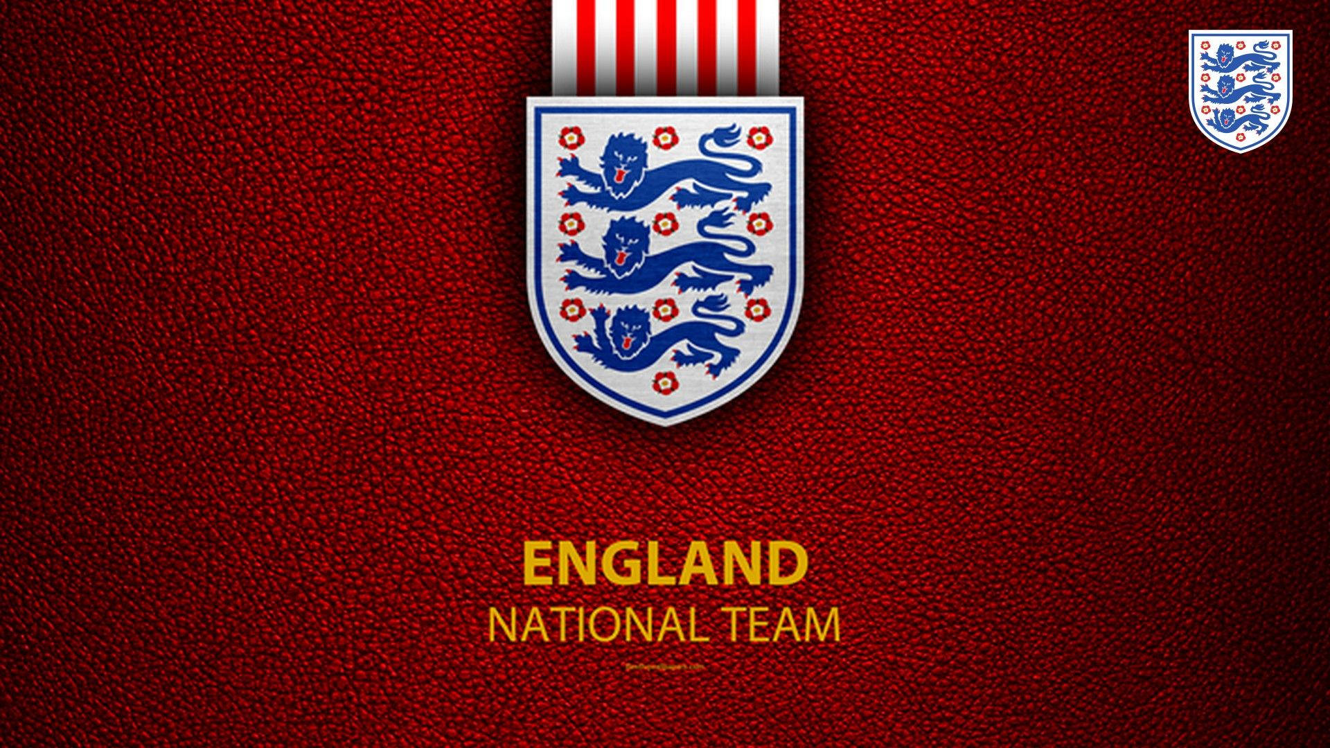 England Football 桌布 壁紙 — 英格蘭國家隊徽章，紅色紋理背景上有三隻獅子和金色文字。