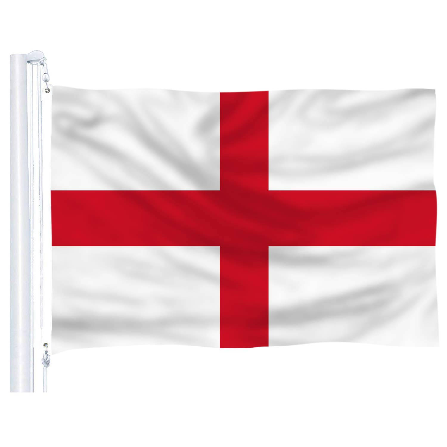 England Flag 桌布 壁紙 — 英格蘭旗幟，白色布料上帶有醒目的紅色十字，在純白背景上動態飄揚。