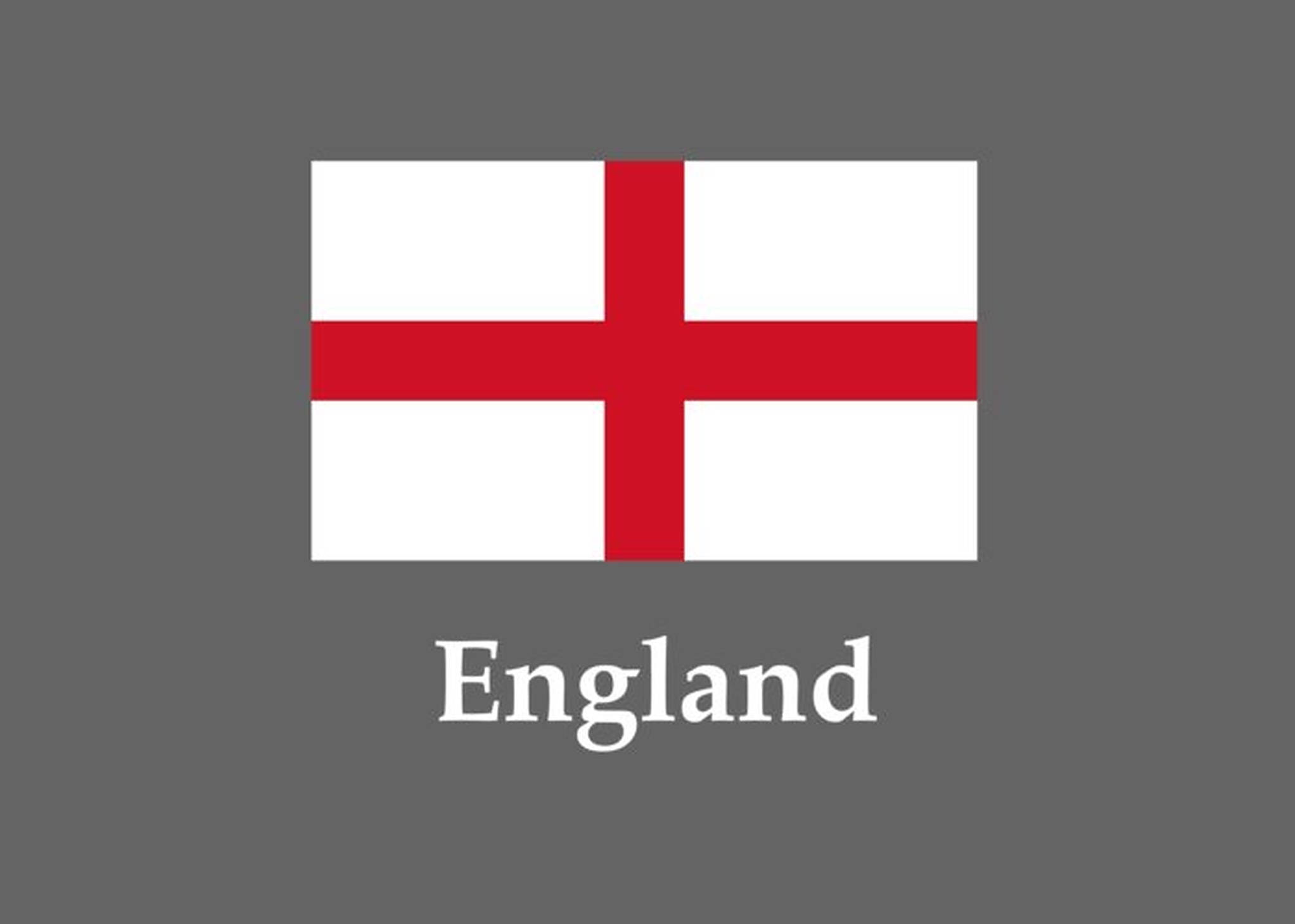 England Flag 桌布 壁紙 — 英格蘭旗幟，白色背景上帶有紅色十字，置於灰色背景中央，下方有「England」文字。
