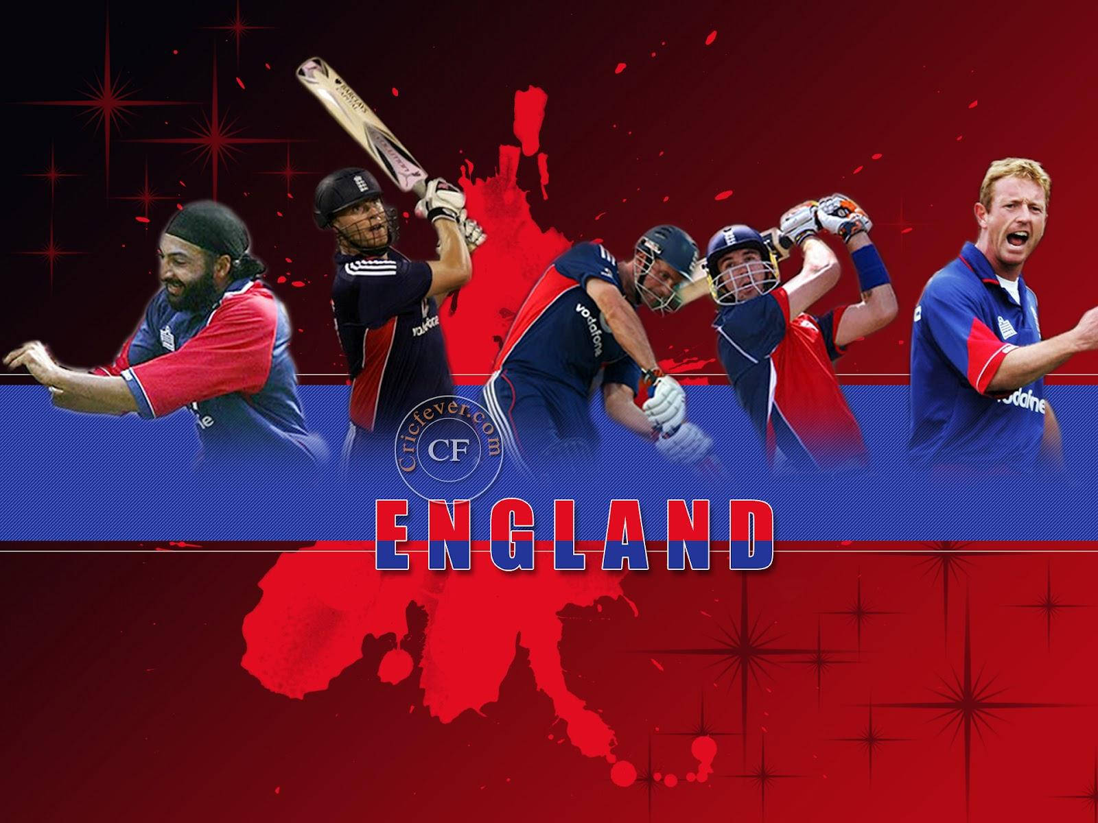 England Cricket 桌布 壁紙 — 英格蘭板球球員動感拼貼畫，在鮮豔紅藍背景上展現動作姿勢，配有星爆效果和地圖輪廓。