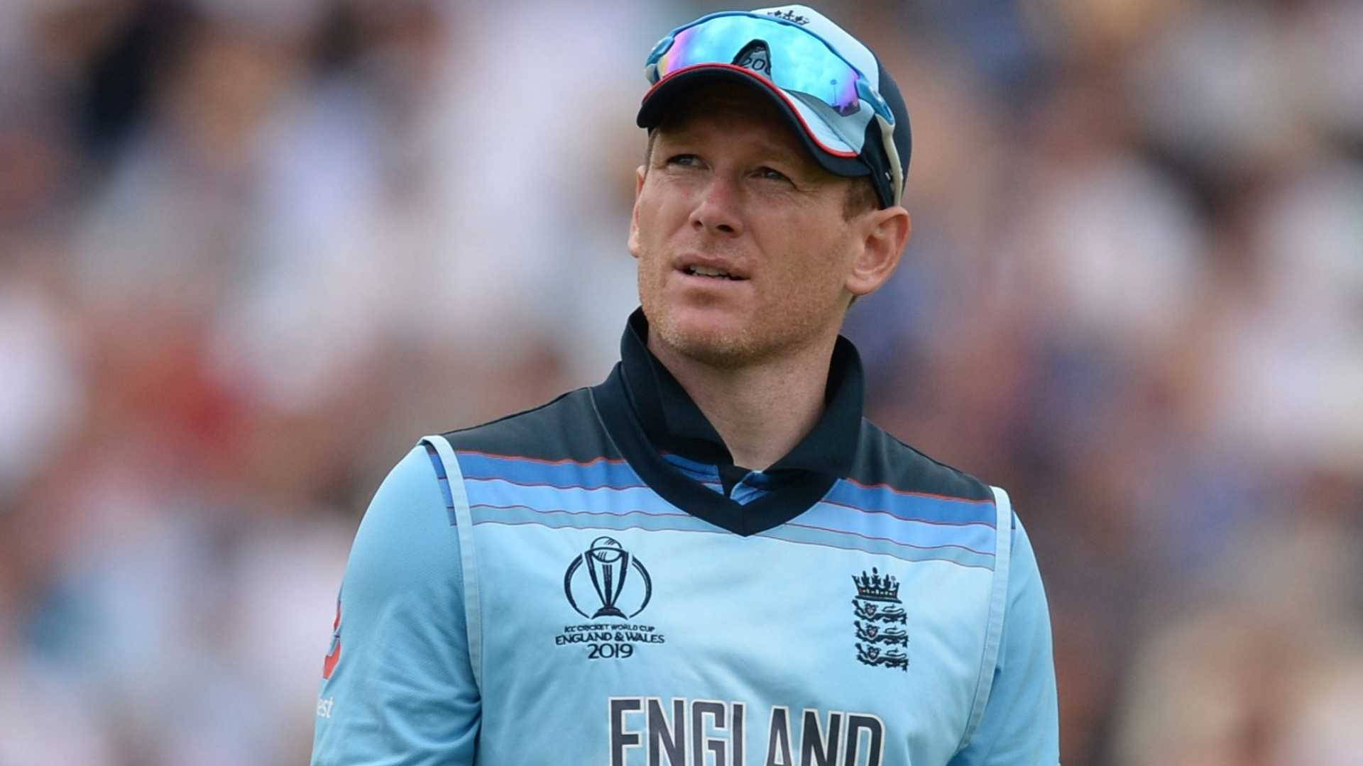 eoin morgan 桌布 壁紙 — 英格蘭板球隊隊長伊恩·摩根身穿淺藍色隊服，在日間比賽中專注的特寫鏡頭。